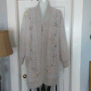 Belldini Ivory Open Cardigan Angora Mix Embroidered Beaded Rhinetone Pom Pom XL